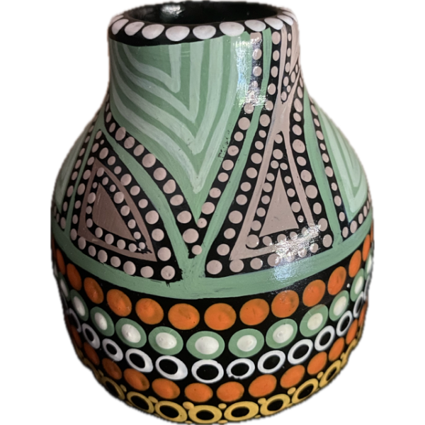 Hand-Painted Ceramic Vase with Artwork by Pam Brandy Hall (Greens, Orange, Beige, Black & White)