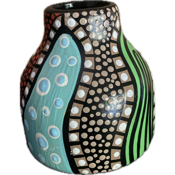 Hand-Painted Ceramic Vase with Artwork by Pam Brandy Hall (Green, Aqua, Beige, Oranges & White)