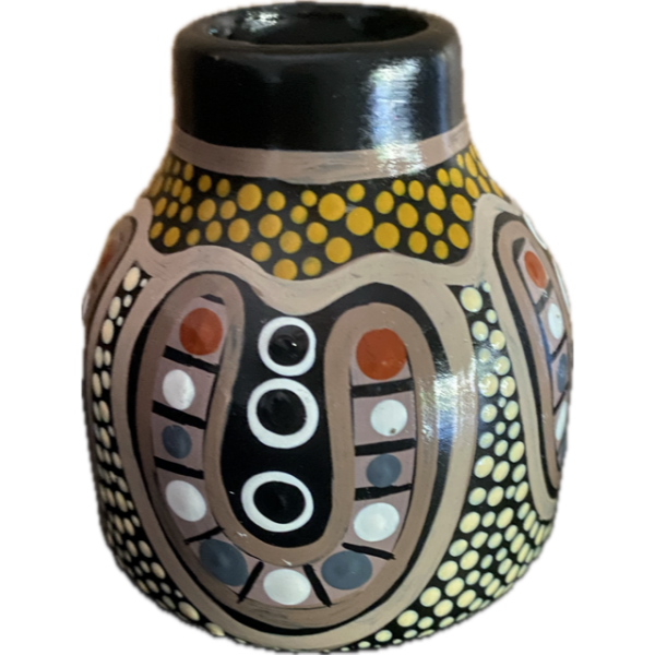 Hand-Painted Ceramic Vase with Artwork by Pam Brandy Hall (Beige, Browns, Mustard, Black & White)