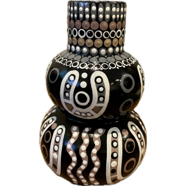 Hand-Painted Ceramic Vase with Artwork by Pam Brandy Hall (Black, White, Grey & Beige)