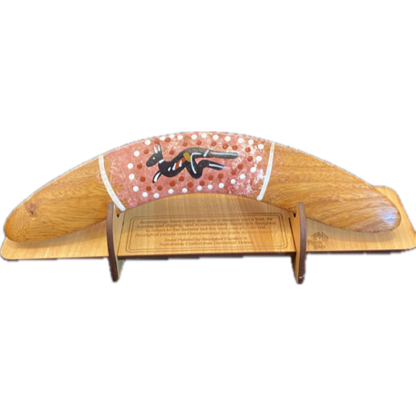 Boomerang with Display Stand Featuring Kangaroo Hand-Painted Artwork by Murra Wolka (Pinky, Red)