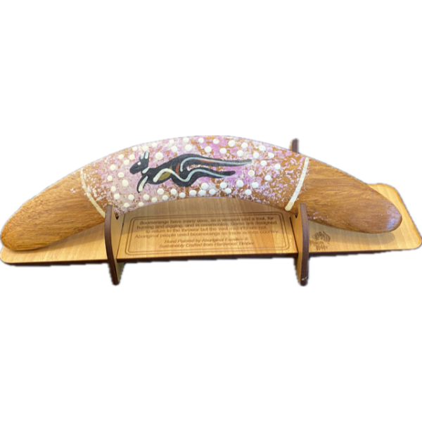 Boomerang with Display Stand Featuring Kangaroo Hand-Painted Artwork by Murra Wolka (Lilac)